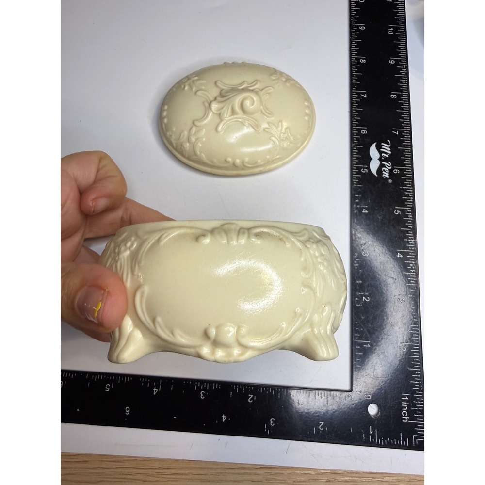 Holland Mold Cream Ceramic Trinket Box Footed Floral Embossed Jewelry Dish Lid